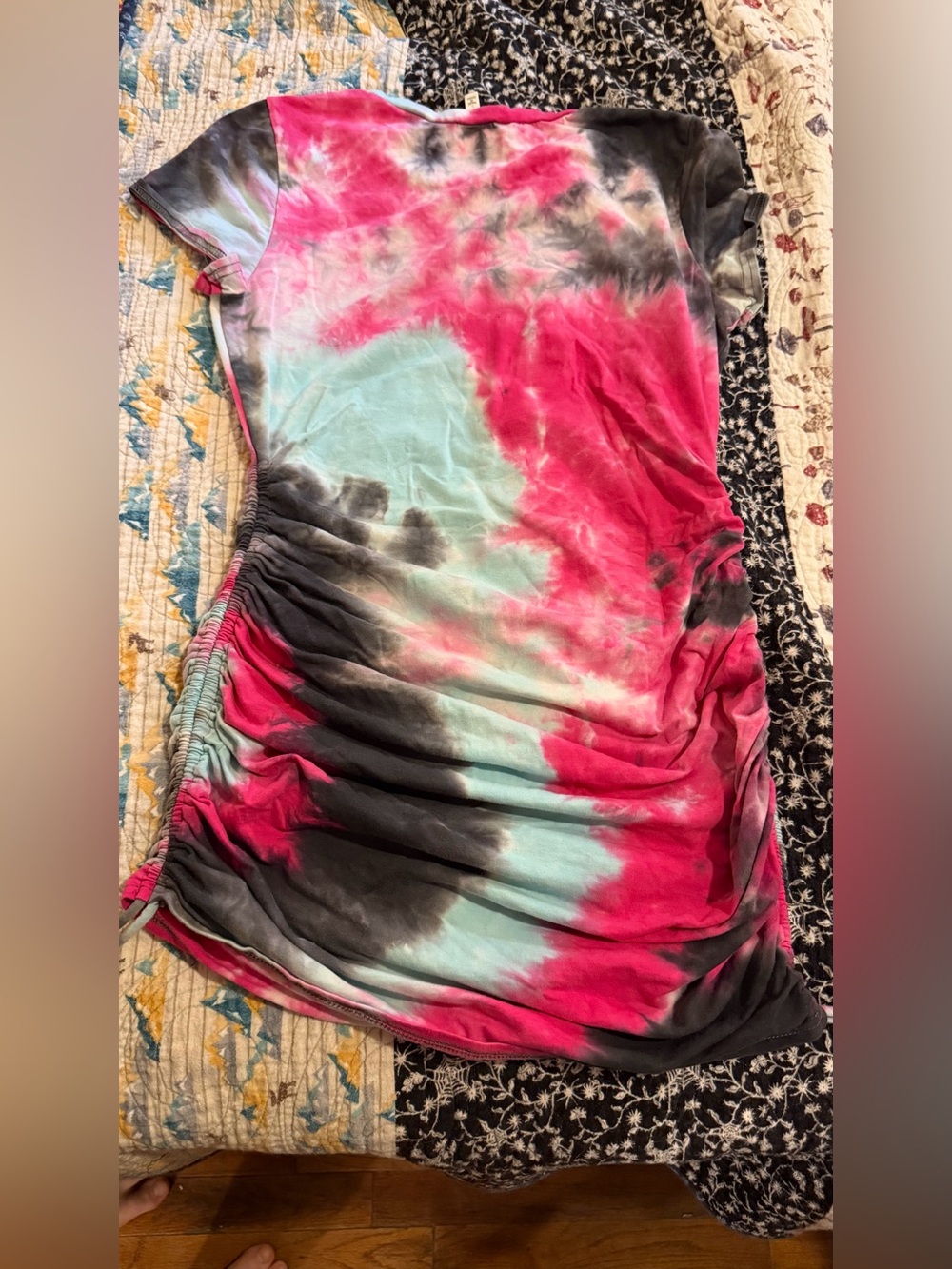 Dolls Kill Pink, Aqua & Charcoal Tie-Dye Ruched Side Tunic